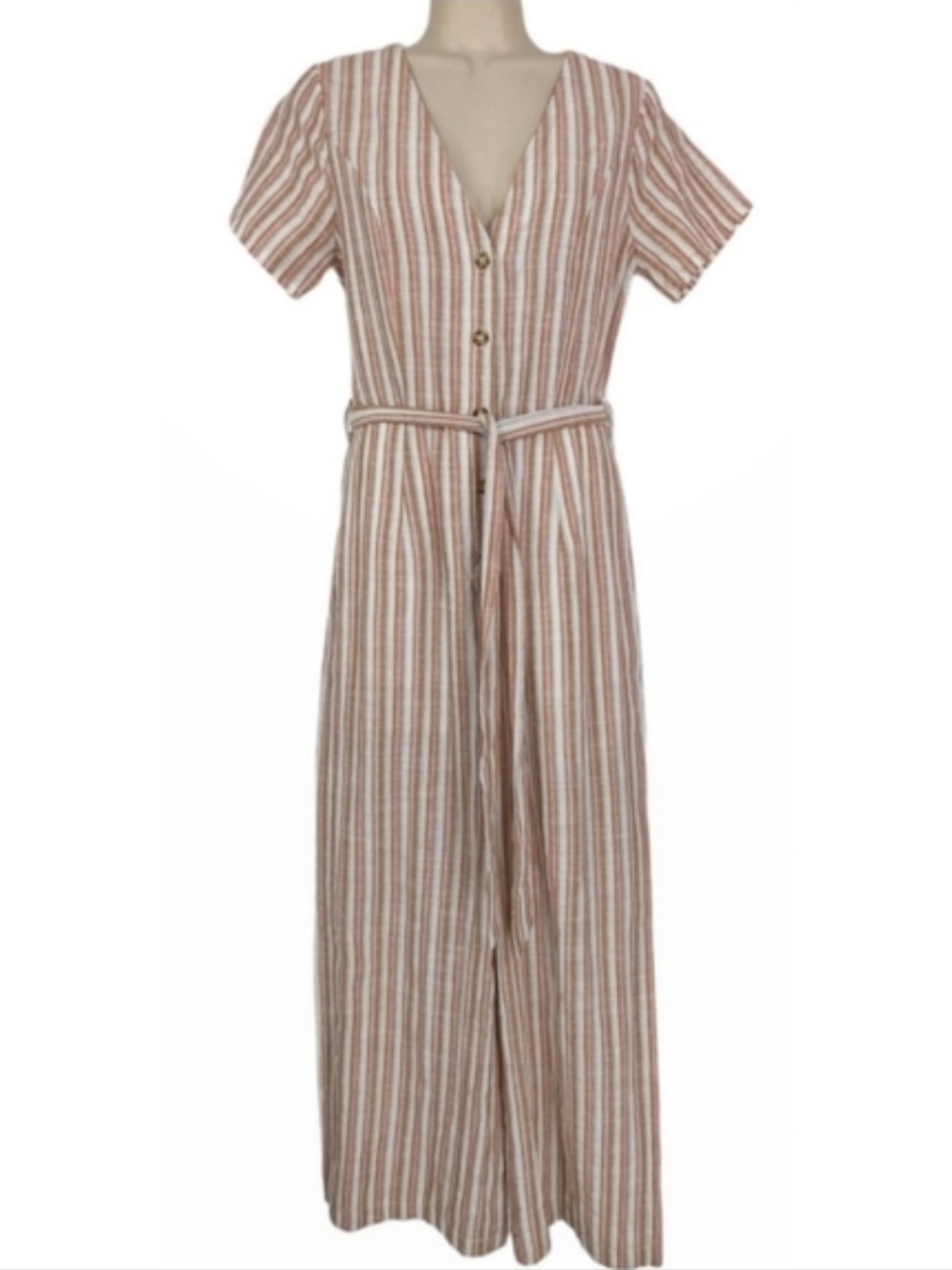 HEM & THREAD Striped V Neck Cotton Jumpsuit Sz S